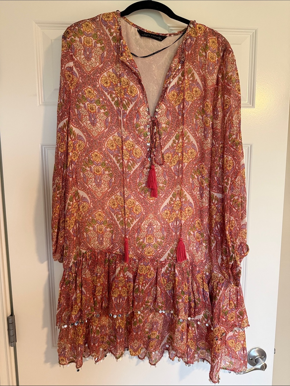 Boho Tassel V-Neck Floral Tunic Dress in Pink
